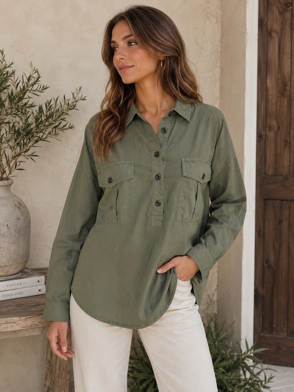 Alex Mill Olive Green Utility Popover Shirt Cotton Military Minimalist Sz Small